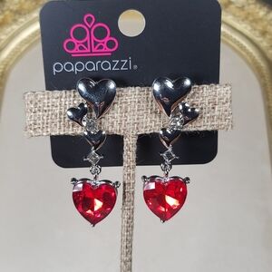Paparazzi Silver and Red Heart Earrings